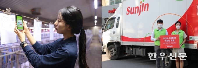 <사진 왼쪽> 동물복지 대형농장 제일종축의 직원이 농장관리 프로그램 ‘피그온’을 작동하고 있다. <오른쪽> 작년 8월 수해지역 경기·충청권 이재민 후원물품 기부활동 모습.