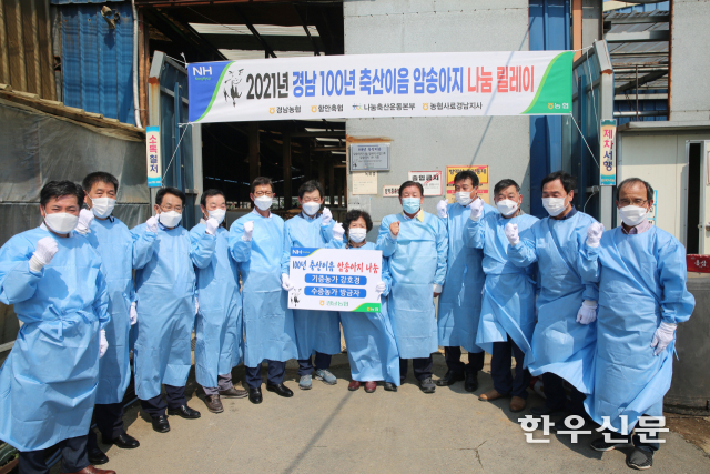 지난 12일 함안군 법수면 승호농장, 창조농장에서 열린 ‘100년 축산이음 암송아지나눔’ 3호, 4호 전달식 모습.