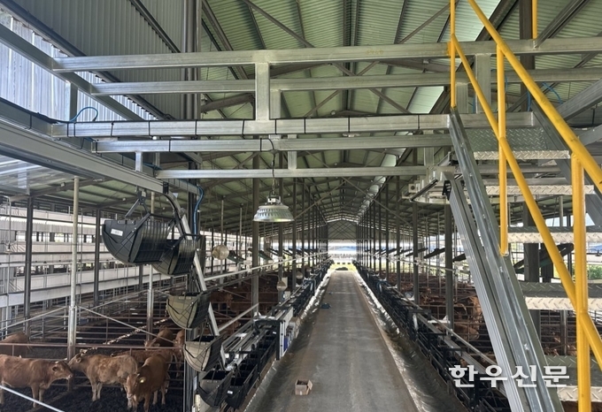 전북 완주군이 한우농가의 삶의 질 향상과 축산분야 ICT 산업 경쟁력 강화를 위해 ‘무인 자동급이 시스템’ 시범 보급 사업을 추진하고 있다. 사진은 한우농가에 설치된 ‘무인 자동급이 시스템’. (완주군 제공)